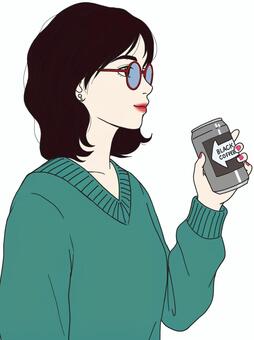 缶コーヒーとサングラスの女性 女性,おしゃれ,かわいい,口紅,化粧,微笑んでいる,キレイ,イラスト,シンプル,ビューティのイラスト素材
