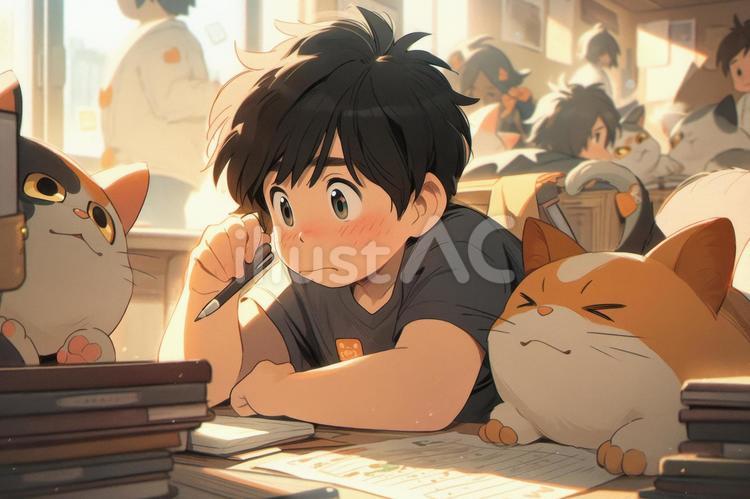 勉強する男の子とデブ猫 男の子,勉強,顔のイラスト素材