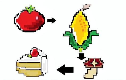 トマト、トウモロコシ、シイタケ、ケーキ ピクセルアート,レトロ,8bit,ゲーム,しりとりのイラスト素材