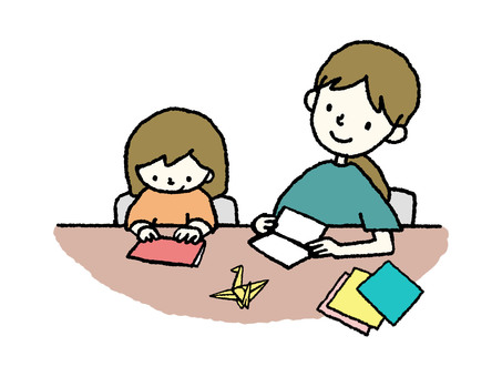 一緒に折り紙 人物,大人,子ども,親子,母,娘,折り紙,色紙,折る,作るのイラスト素材