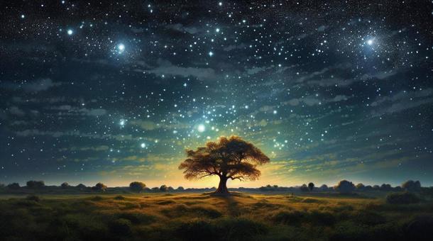 Fantastic starry sky and trees_anime, , JPG