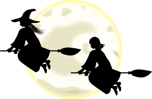 魔女2人　 魔女,飛ぶ,ほうき,2人,見習い,移動,メルヘン,女性,満月,シルエットのイラスト素材
