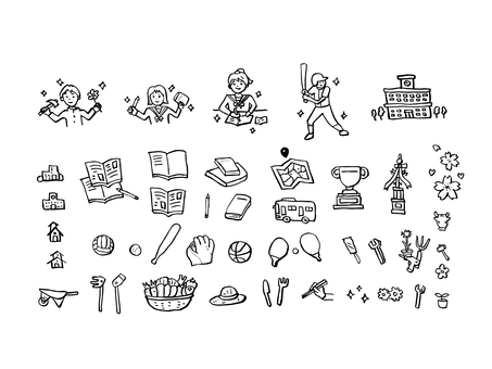 学校の小物　手書き 人物,学生,中学生,高校生,アイコン,校舎,シンプル,ベクター,挿絵,スポーツのイラスト素材