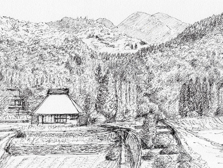 里山の古民家 風景画,風景,スケッチのイラスト素材