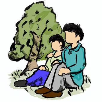 校外で散策 男女,デート,野外,散策,郊外,寄り添う,友達,芝生のイラスト素材