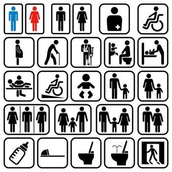 公共施設の標識セット 男性,女性,性別,オストメイト,障害者,人工肛門,車椅子,妊婦,高齢者,お年寄りのイラスト素材