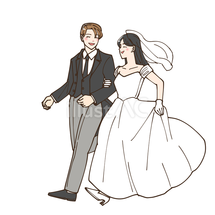 顔を見合わせて走っている花嫁と花婿 走る,笑顔,楽しいのイラスト素材