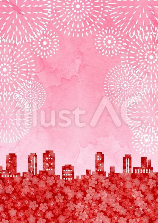 水彩風桜とビル街と花火の背景 桜,花火,ビルのイラスト素材