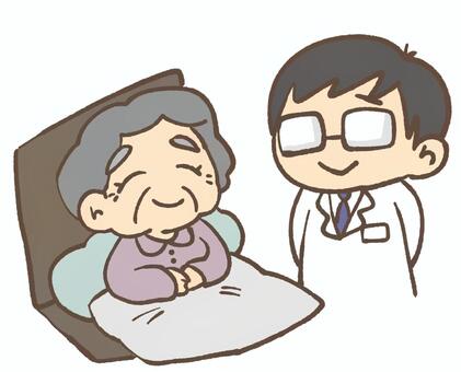 お年寄り(女)とお医者さん 高齢者,老人,後期高齢者,医者,医療従事者,病院,白衣,診察,問診,回診のイラスト素材