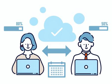 進捗・スケジュールを共有するビジネスマン クラウド,データ,情報,スケジュール,共有,ビジネスマン,プロジェクト,予定,進捗,管理のイラスト素材