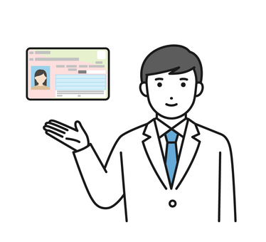 マイナンバーカードを案内する白衣男性 マイナンバーカード,保険証,受付,案内,白衣,男性,薬剤師,医師,医療のイラスト素材