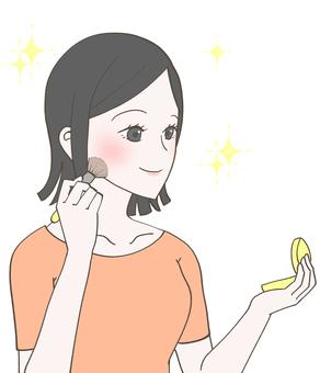 コンパクトミラーでメイクをする女性 メイク,コンパクト,ミラー,コスメ,化粧,ブラシ,チーク,手鏡,女性,美肌のイラスト素材