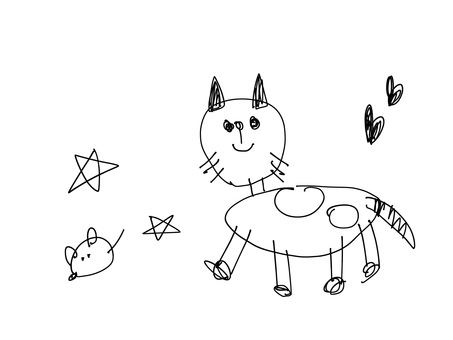 猫のイラスト 猫,落書き,子供の絵,塗り絵,ゆるい,線画,モノクロ,ねこ,ラフ,動物のイラスト素材