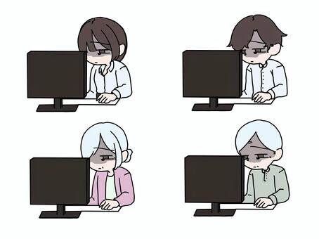 疲れた顔でパソコンを使う老若男女のセット パソコン,作業,疲れ,疲労,ダメージ,眠い,眠気,徹夜,残業,仕事のイラスト素材