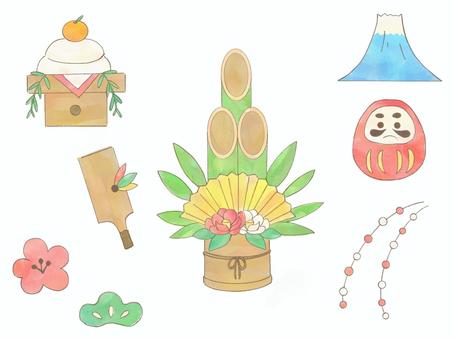 水彩風のお正月の縁起物セット お正月,新年,年賀,正月飾り,門松,鏡餅,だるま,富士山,羽子板,羽根つきのイラスト素材