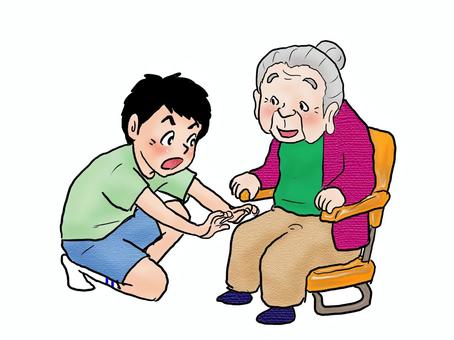 いたいのいたいのとんでけ～ 人物,大人,女性,おばあちゃん,膝痛,座椅子,笑顔,こども,男の子,孫のイラスト素材