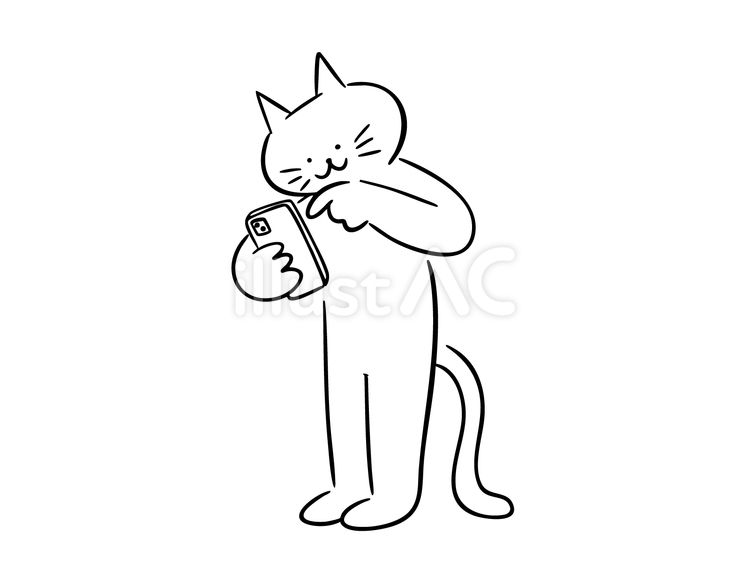 スマホを操作する猫（モノクロ） 猫,スマホ,スマートフォンのイラスト素材