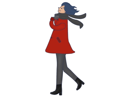 風になびくコートの女性全身1 女性,コート,髪の毛,風,秋,冬,ファッション,マフラー,手袋,ブーツのイラスト素材