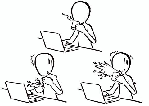 飲みながらPCをする人3種　墨筆 パソコン,ノートパソコン,仕事,ビジネス,座る,デスクワーク,コーヒー,ブレイク,気分転換,飲み物のイラスト素材