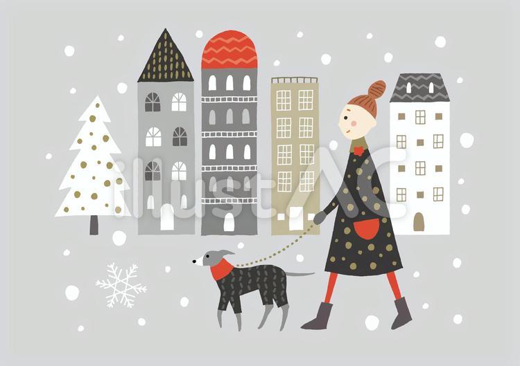 犬と散歩クリスマス 女性,街並,クリスマスのイラスト素材