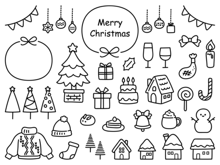 クリスマスイラストセット、手描き・黒画線 クリスマス,クリスマスツリー,オーナメント,クリスマスオーナメント,クリスマスプレゼント,プレゼント,クリスマスケーキ,手描き,冬,12月のイラスト素材
