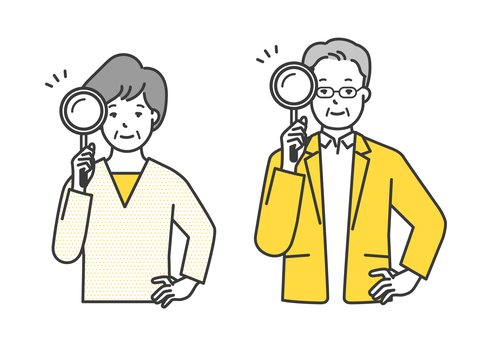 虫眼鏡を持つシニア男女のイラスト素材