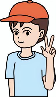男の子ピース　 男の子,ピース,子供,小学生,斜め,笑顔,表情,キャップ,シャツ,線画のイラスト素材