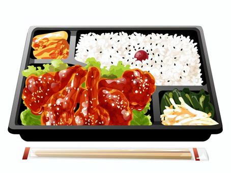 ヤンニョムチキン弁当 ヤンニョムチキン,弁当,昼食,料理,食べ物,韓国料理,揚げ物,ご飯,梅干し,ごまのイラスト素材