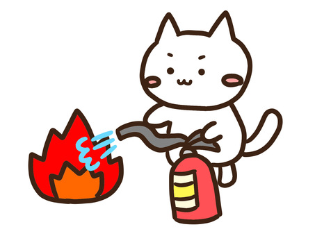 消火器で初期消火訓練をするかわいいねこ 消火,消火器,消防士,初期消火訓練,訓練,動物,ねこ,防災,練習,白猫のイラスト素材