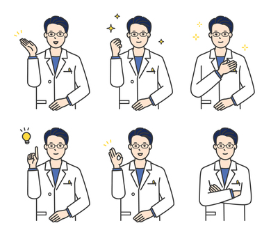 医者のアイコンセット イラスト素材 男性,医師,医者,ドクター,医療従事者,薬剤師,研究者,白衣,病院,クリニックのイラスト素材
