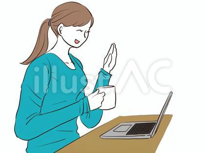 コーヒーを飲みながらテレビ電話をする女性