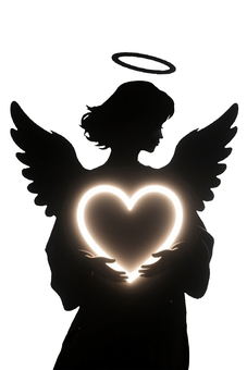 ハートを抱える天使のシルエット 天使,ハート,愛情,恋心,キューピット,エンジェル,光る,輪,羽,恋愛のイラスト素材