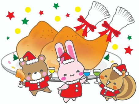 クリスマスチキン 可愛い,星,イラスト,リボン,ドリンク,クマ,リス,皿,パーティー,料理のイラスト素材