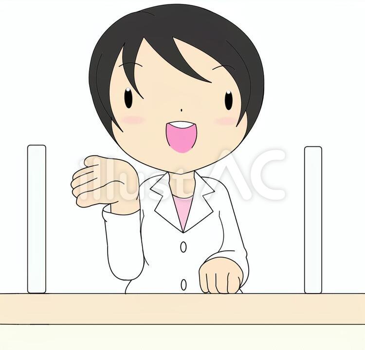 カウンターで説明している白衣の女性 女性,女医,薬剤師のイラスト素材