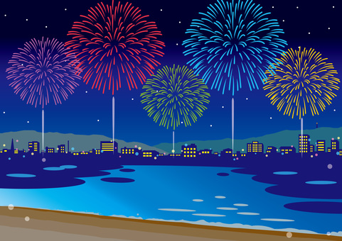 街並みと打ち上げ花火02_25 花火,はなび,背景,イラスト,海,街並み,夏,7月,8月,夏祭りのイラスト素材