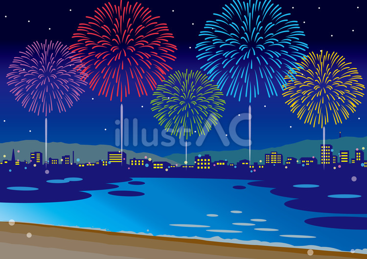街並みと打ち上げ花火02_25 夏祭り,花火,はなびのイラスト素材