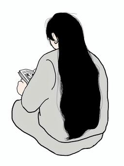 漫画を読む女性 人物,女性,後ろ姿,座る,ロングヘア,引きこもり,スウェット,漫画,読むのイラスト素材