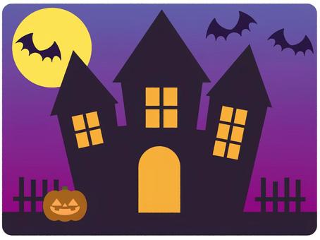 ハロウィンハウス05 ハロウィン,ハウス,洋館,屋敷,家,窓,満月,こうもり,柵,かぼちゃのイラスト素材