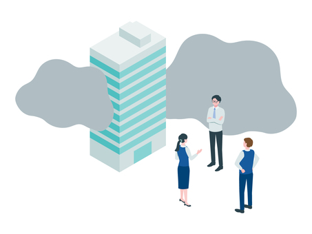 アイソメトリック_ビルとモヤモヤ アイソメトリック,立体,アイソメ,斜め上,高層ビル,社内トラブル,ビジネスパーソン,不安感,問題,会話のイラスト素材