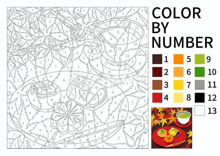 【数字パズル塗り絵】秋の練り切り 塗り絵,パズル,数字のイラスト素材