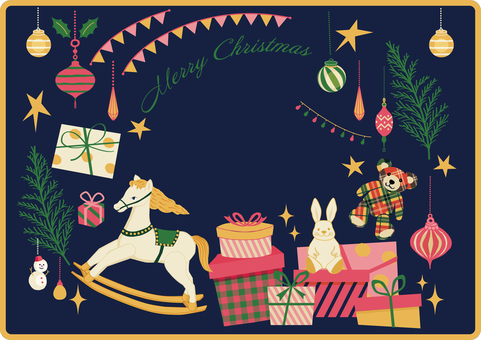 木馬がいるクリスマスフレーム クリスマス,手描き,フレーム,木馬,おもちゃ,馬,仔馬,ぬいぐるみ,くま,うさぎのイラスト素材