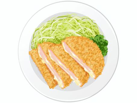 チーズミルフィーユハムカツ ハムカツ,チーズ,ハム,揚げ物,家庭料理,料理,食べ物,キャベツ,パセリ,皿のイラスト素材