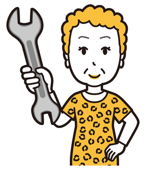  大阪のおばちゃん(黄)-077-バスト 修理,おばちゃん,大阪,ヒョウ柄,おばはん,中年,女性,関西,派手,おばさんのイラスト素材