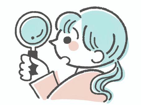 虫眼鏡をのぞく女の子 虫眼鏡,ルーペ,覗く,見る,女性,調べる,調査,発見,観察,手描きのイラスト素材
