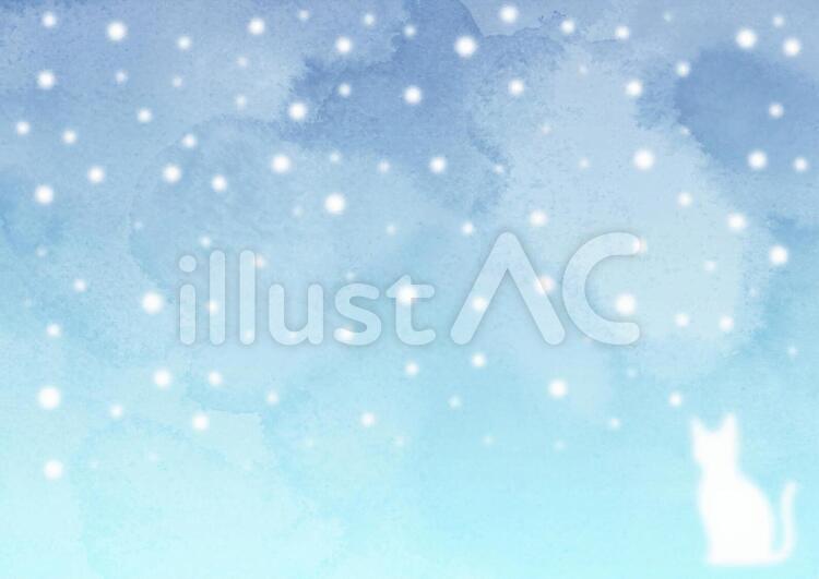 水彩風猫と雪の青い背景 背景,水彩,寒中見舞いのイラスト素材