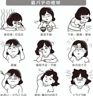 モノクロの夏バテの症状・女性 夏バテ,モノクロ,白黒,グレー,症状,不調,体調,セット,大人,成人のイラスト素材