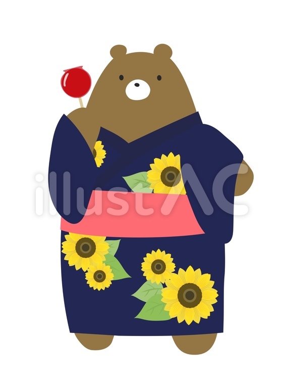 りんごあめと浴衣を着たクマ クマ,浴衣,りんごあめのイラスト素材