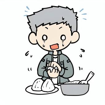 おにぎりを握る焦るおじいさん おにぎりを握る焦るおじいさん おじいさん,おにぎり,握る,焦る,やばい,慌てる,苦手,おむすび,家事,お弁当のイラスト素材