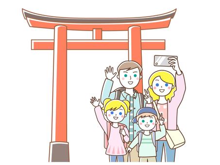 鳥居の前で記念撮影する白人家族 外国人観光客,観光客,訪日外国人,インバウンド,鳥居,白人,西洋人,欧米人,スマホ,記念撮影のイラスト素材