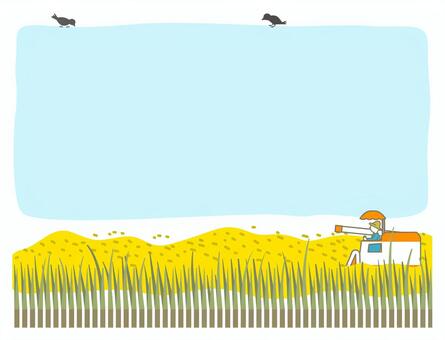 稲刈りフレーム-空・カラス付 稲刈り,フレーム,文字スペース,空,カラス,鳥,農家,農業,一次産業,稲刈り機のイラスト素材